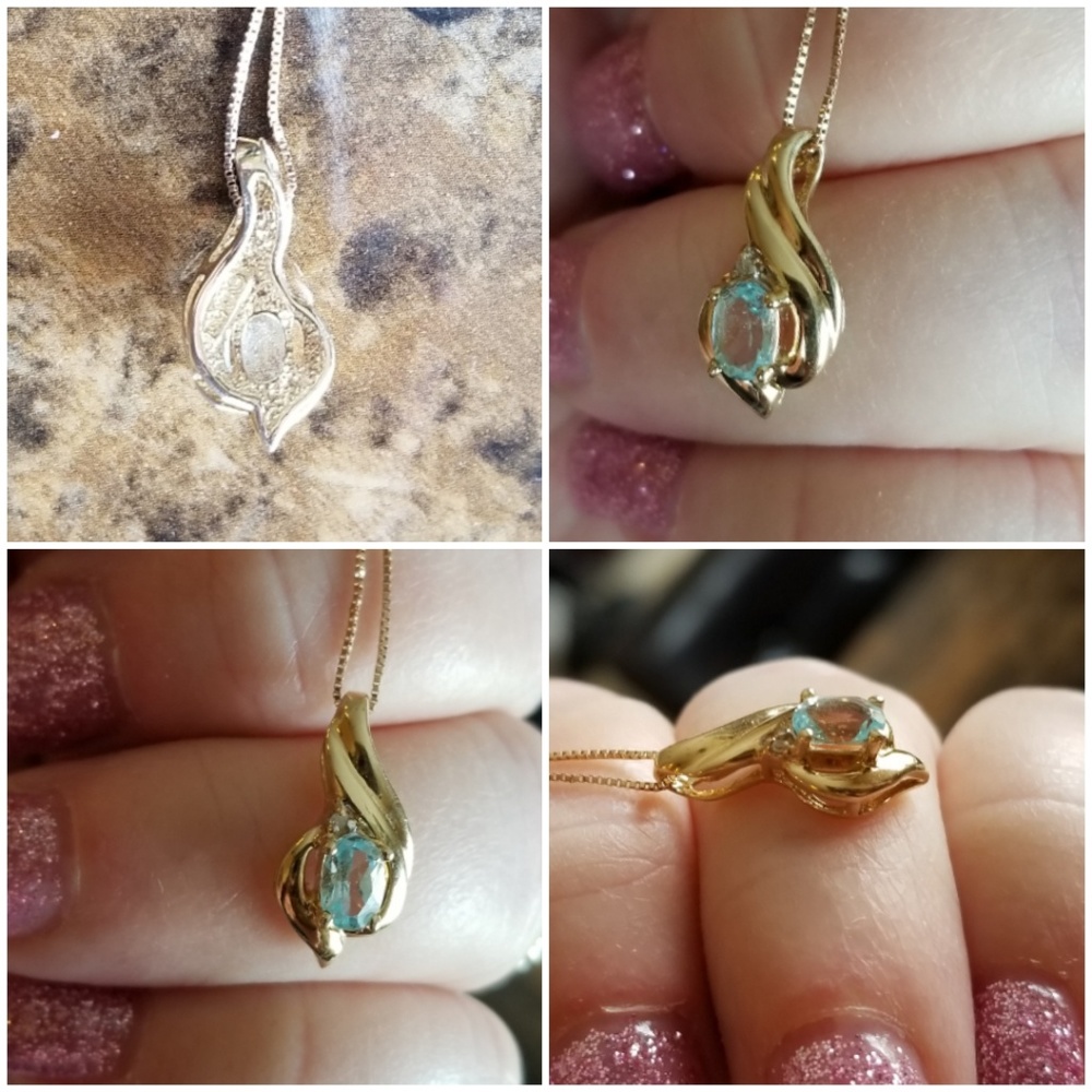 Genuine 10k Yellow Gold, with 1ct Aquamarine & Diamond 10k Gold Necklace - Picture 3 of 5